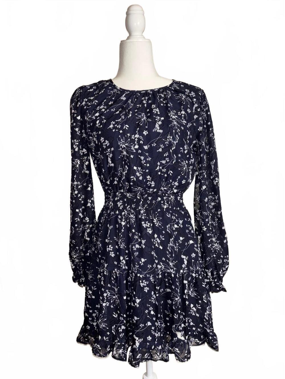 Lulu’s the Too Cute Navy Blue Floral Print Smocked Long Sleeve Mini Dress